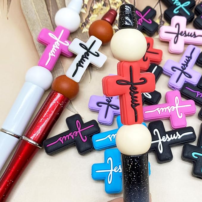 20PCS Silicone Focal Beads for Pens - Jesus Faith Charms Keychain Making Kit - Assorted Shapes for Beaded Pen Characters (Jesus Silicone)
