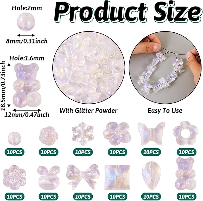 FASHEWELRY 120pcs Clear Acrylic Beads Transparent Mixed Cute Beads for Bracelets, Glitter Powder Bear Bowknot Rabbit Flower Pony Beads Bulk for DIY Keychain Necklace Jewelry Making