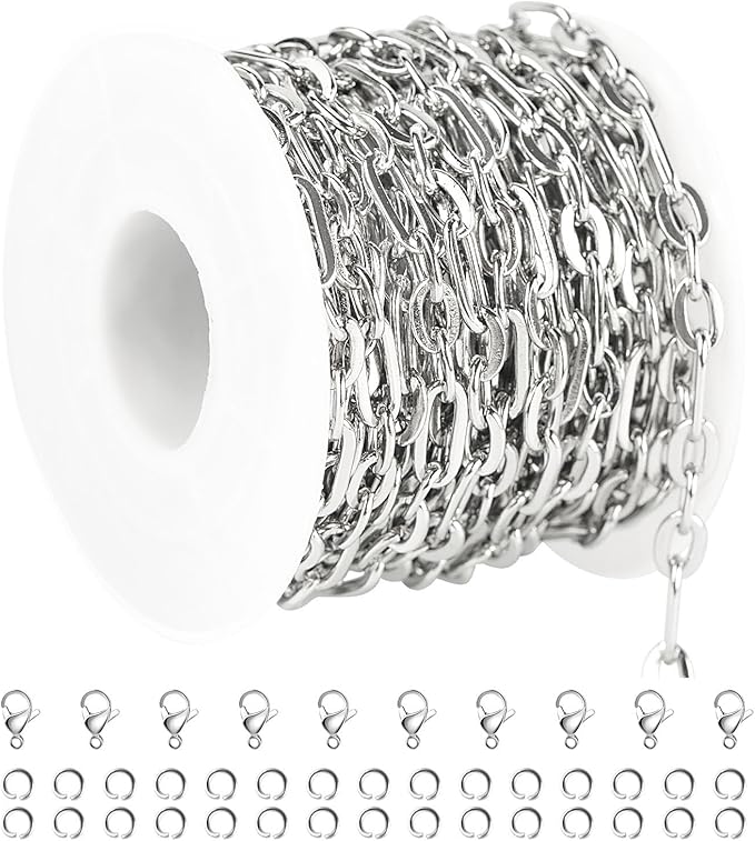 UMAOKANG 5 Meters Stainless Steel Chains Bulk Paperclip Chain for Necklace Bracelet DIY Jewelry Chain with Jump Rings and Lobster Clasps