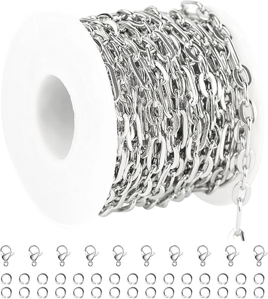 UMAOKANG 5 Meters Stainless Steel Chains Bulk Paperclip Chain for Necklace Bracelet DIY Jewelry Chain with Jump Rings and Lobster Clasps