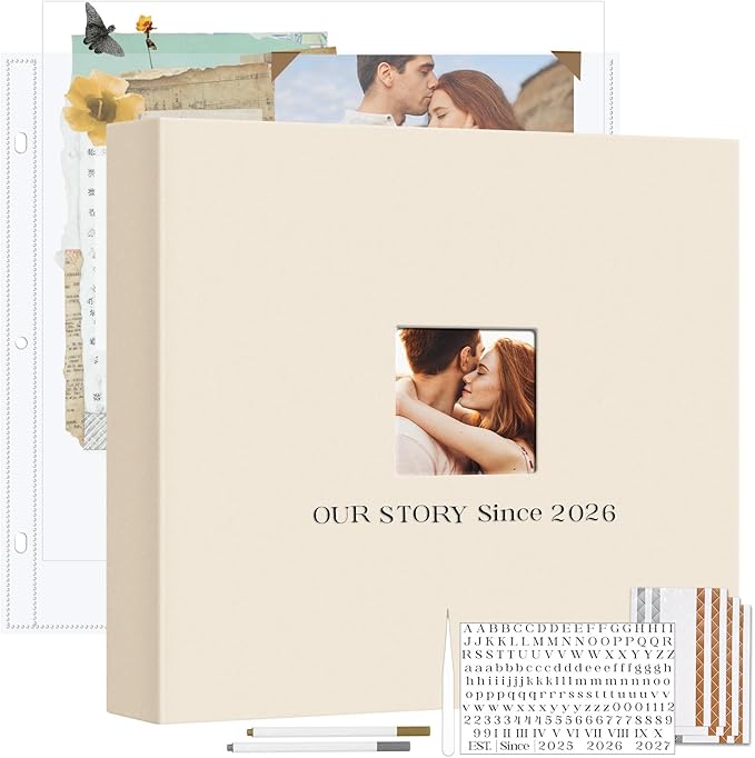 Vienrose Linen Scrapbook Photo Album Kit, Large 3 Ring Binder Scrapbook with 30 Plastic Sleeves, 15x13 Inch DIY Memory Book for Wedding, Anniversary, Family & Kids Keepsake Gift, Beige