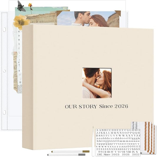 Vienrose Linen Scrapbook Photo Album Kit, Large 3 Ring Binder Scrapbook with 30 Plastic Sleeves, 15x13 Inch DIY Memory Book for Wedding, Anniversary, Family & Kids Keepsake Gift, Beige