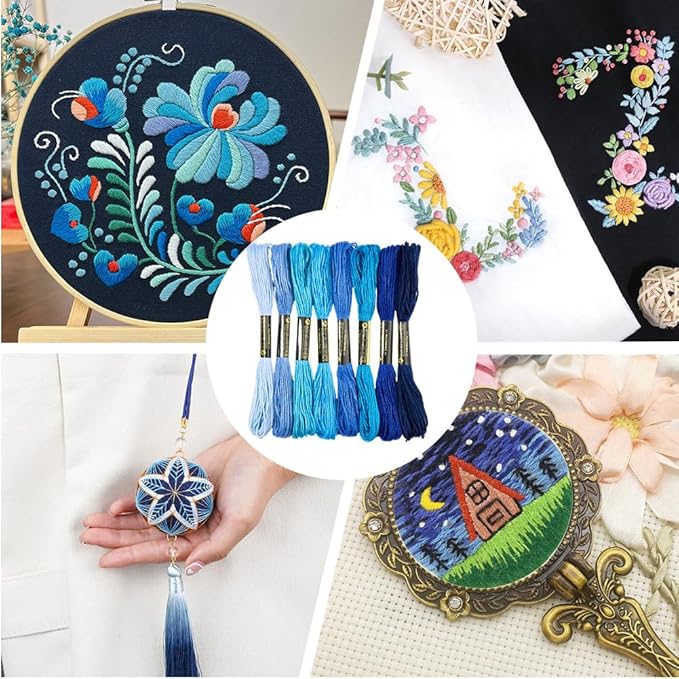 16 Skeins 131 Yards Embroidery Thread Friendship Bracelets String Cross Stitch Threads Cotton Floss Yarn 6 Ply 1.2mm for DIY Making Sewing Needlework Knitting Stitching Craft Supply Blue