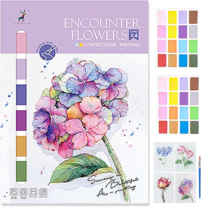 11.5" x 8.5" Watercolor Workbook for Adults, Easy Nature Scenes Paint Coloring Book Paint, Water Coloring Book with 4 Floral Drawings 2 Pigment Card and 1 Brush (Bouquet)