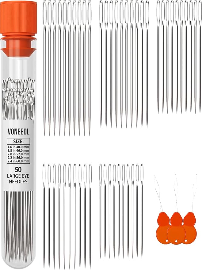 VONEEDL 50 Large Eye Heavy Duty Needles - 5 Sizes Easy to Thread Sharp Point Needles Perfect for Hand Sewing, Knitting, Crewel Darning, Crafting, and DIY