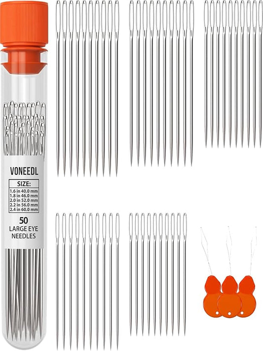 VONEEDL 50 Large Eye Heavy Duty Needles - 5 Sizes Easy to Thread Sharp Point Needles Perfect for Hand Sewing, Knitting, Crewel Darning, Crafting, and DIY