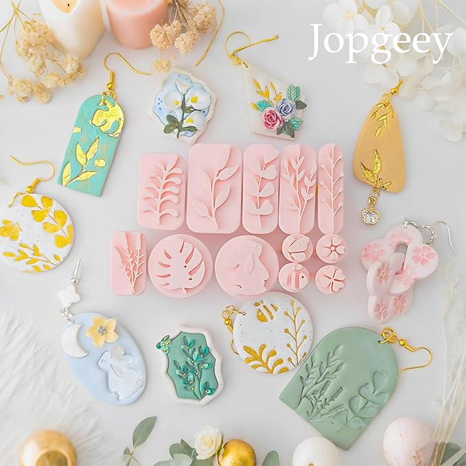Jopgeey Polymer Clay Stamps Tool Set for Adults - 3D Print 12 Shapes of Plant & Animal, Work with Polymer Clay Cutter, Spring Cutter Stamps for Jewelry Pieces Making, Earrings and Necklace Pendants