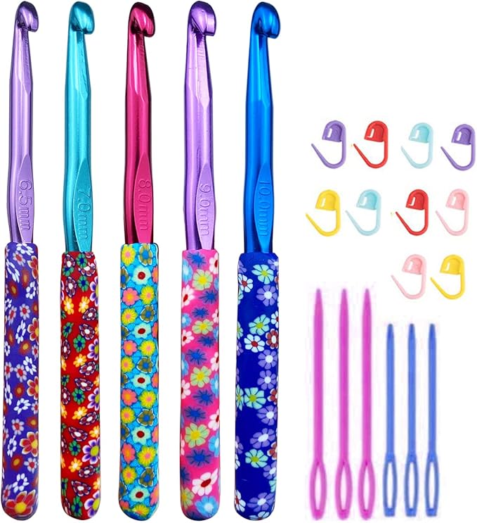 Large 5 Size Aluminum Crochet Hook Set 6.5m(K)/7mm/8mm(L)/9mm(M)/10mm(N) Knitting Needles Craft Weave Yarn Set Polymer Clay Crochet Needles for Crocheting - Premium Knitting Crochet Supplies