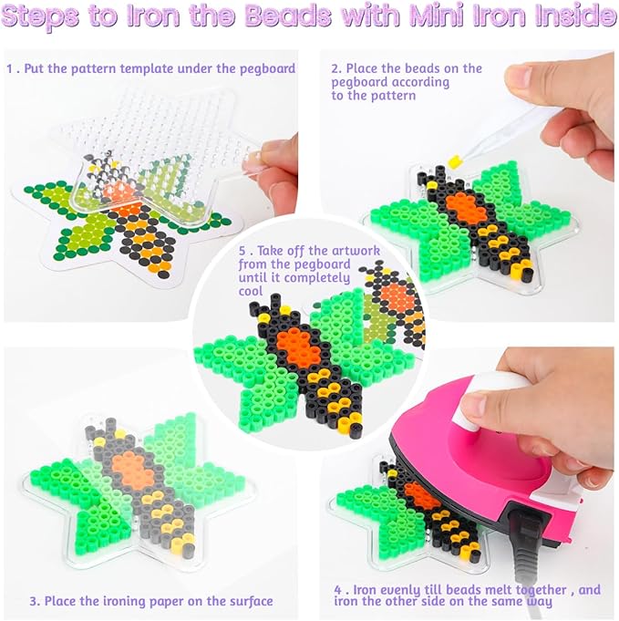 meland fuse beads with mini iron - 24,000pcs beads for crafts for girls age 3-12 year old, 24 color 5mm melty bead set, art & craft kit for girls gift idea for birthday christmas