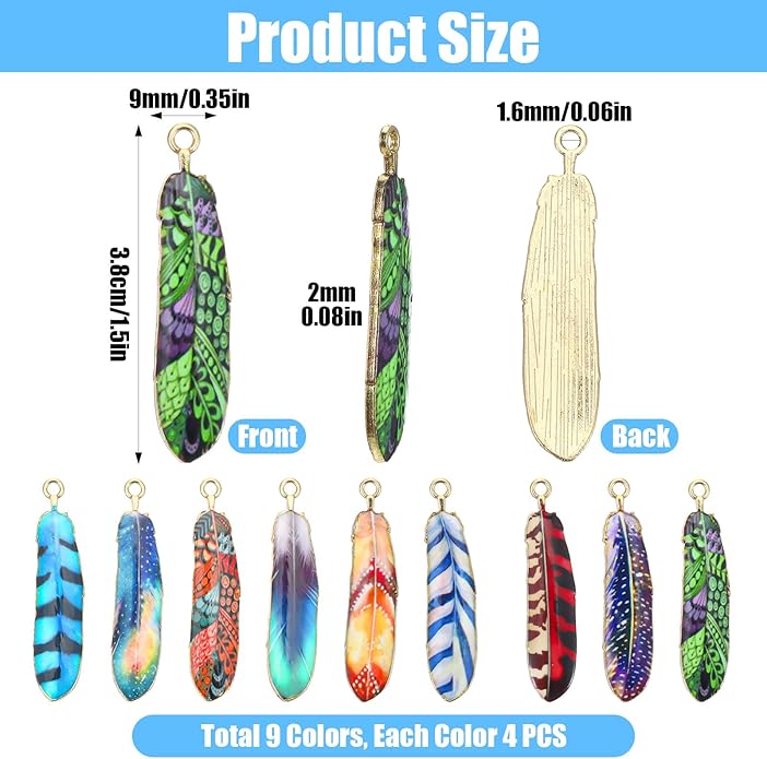 Yolev 36 Pcs Feather Charms - 1.5 Inch Zinc Alloy Boho Charms for Jewelry Making - Native American Bohemian DIY Necklace Bracelet Earrings