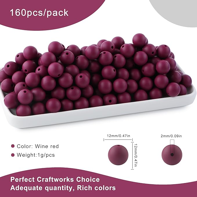 160Pcs 12mm Silicone Beads for Keychain Making Bracelet Necklace, Bulk Round Silicone Beads for Pens（Wine Red）