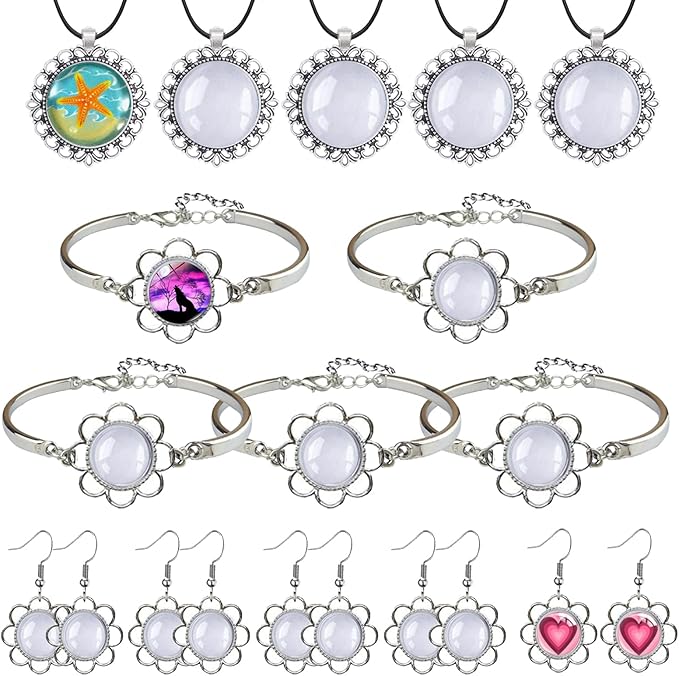 Pendant Trays Set for DIY Jewelry Crafts Making Supplies, Flower Glass Cabochon Pendant Bezel Trays Bracelet Blank Trays Earrings Charms for Gift