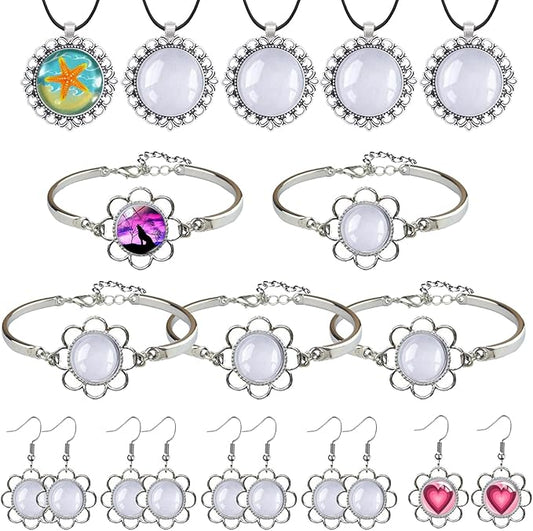 Pendant Trays Set for DIY Jewelry Crafts Making Supplies, Flower Glass Cabochon Pendant Bezel Trays Bracelet Blank Trays Earrings Charms for Gift