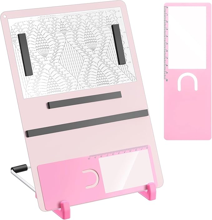 flutesan 8 pcs cross stitch accessories and tools 11.5 x 4.7 inch metal magnet board chart knitting pattern holder 2 bookmark magnifier with ruler 1 bracket 4 magnet strips for crafts work (pink)