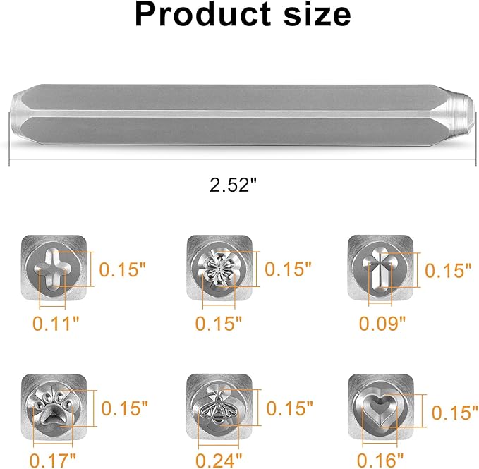 Yoption 6pcs Jewelry Metal Stamping Set, Heart Flower Star Paw Bee Cross Metal Stamps Punch Kit 4mm for Stamping Metal, Jewelry Working