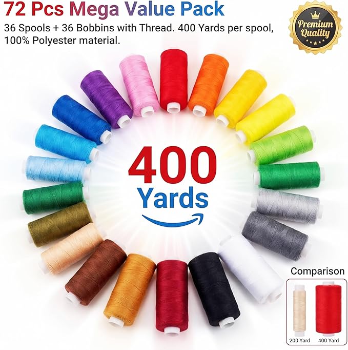 VIZOSHI Sewing Thread Kit with Prewound Bobbins, 72PCS 36 Colors Polyester Thread Set, 400 Yards per Spool, for Sewing Machine & Hand Sewing, Quilting, Embroidery, Repairs, DIY Crafts