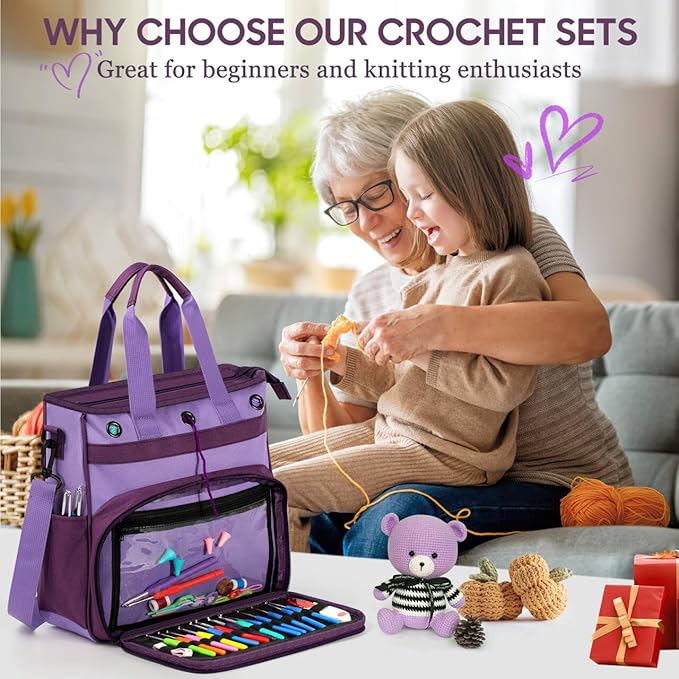 Spardar 74 pcs Crochet Kit, Crochet Kits for Beginners with Large Storage Bag, 20 Pcs Crochet Yarn, 16 Pcs Crochet Hooks, Crochet Accessories for Adults, Elderly and Beginners (Dark Purple)