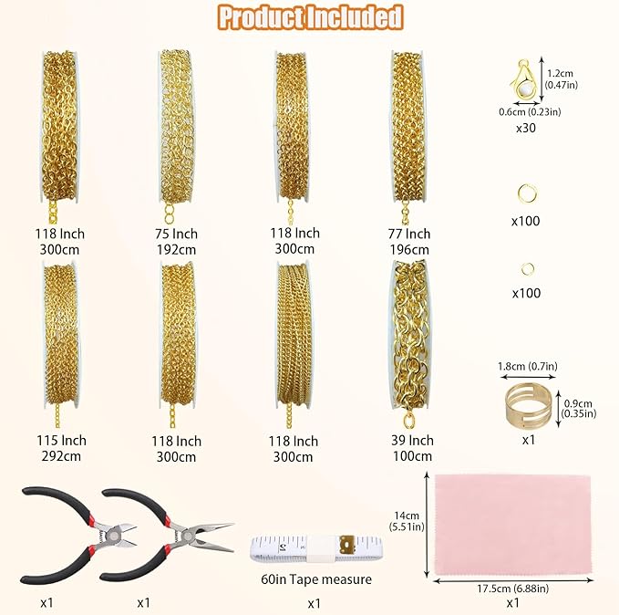 Fesorsi Gold Chain for Jewelry Making, 65ft 8 Style Steel Jewelry Chain, Electroplating Process, for DIY Necklace Chains, Tassel Pendants, with Jump Ring, Lobster Clasp, Pliers