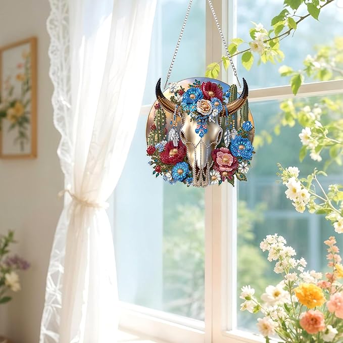Lxmsja DIY Bull Skull Diamond Painting Hanging Ornament, Double-Sided Acrylic Cacti and Flowers Diamond Art Kit, Special Shaped Suncatcher Hanging Pendant Window Art Kit