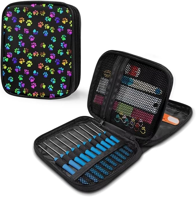 Hechitok Rainbow Dog Paws Crochet Hook Case Without Hooks and Accessories Zipper Storage Organizer Bag with Web Pockets for Various Crochet Needles Accessories Crochet Hook Kit Tools