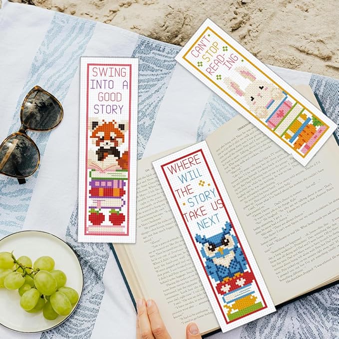 ORIGACH 6 Pcs Cross Stitch Bookmark Kit for Beginner Adults, Cute Animals and Books Stamped Embroidery Bookmark Kit with Instruction for Starters Printed Cross Stitch DIY Kits for Book Lovers