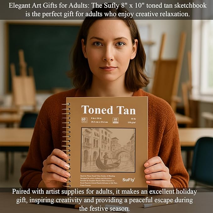 sufly toned tan paper sketchbook, 5.5x8.5 inches, 60 sheets - 90lb/150gsm tan drawing paper for mixed media, charcoal, graphite, colored pencils & white gel pens, 100% recycled, wire-o bound.