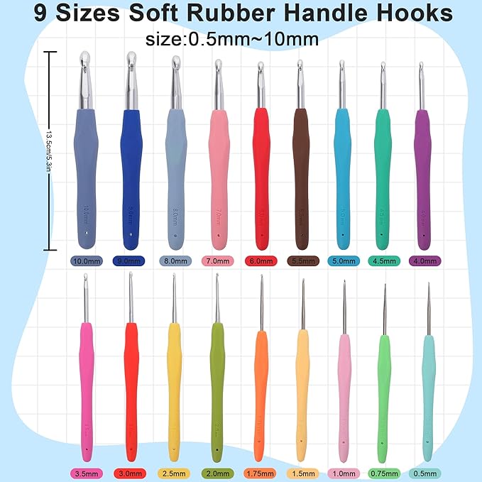 Crochetbox Crochet Hooks Set, 18 Size 0.5mm-10mm(P) Ergonomic Handles Crochet Hooks with Case for Arthritic Hands, Kintting Needle with Crocheting Tool for Crocheters
