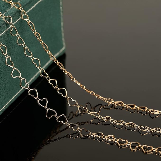 YOUBEIYEE 16.4 Feet Gold Plated Heart Chain Brass Handmade Embossed Link Chains Bulk on Spool with Open Jump Rings Lobster Clasps for Bracelet Necklace Jewelry Making