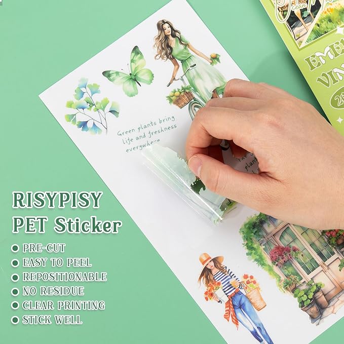 Green Journaling Supplies Sticker, 20 Sheets Scrapbook Sticker Book, Junk Journal Kits Pre-cut Watercolor Scrapbooking Supplies for Adults Planner Cottagecore Decorative DIY Craft Project, 182PCS