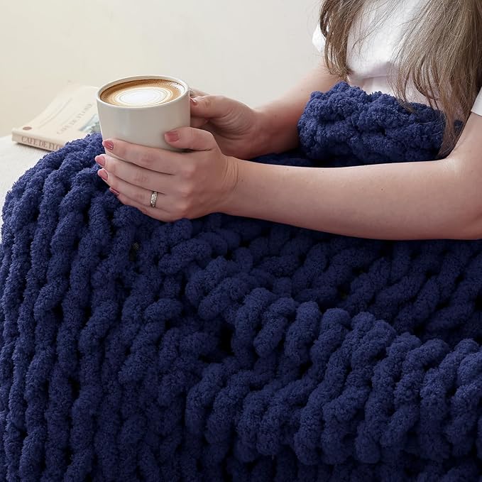 Jumbo Chunky Yarn for Hand Knitting - Super Thick Chenille Chunky Yarn for Crocheting - Extra Soft Bulky Fluffy Blanket Big Yarn 8 Jumbo Pack (27yds,8 oz Each Skein) Navy Blue