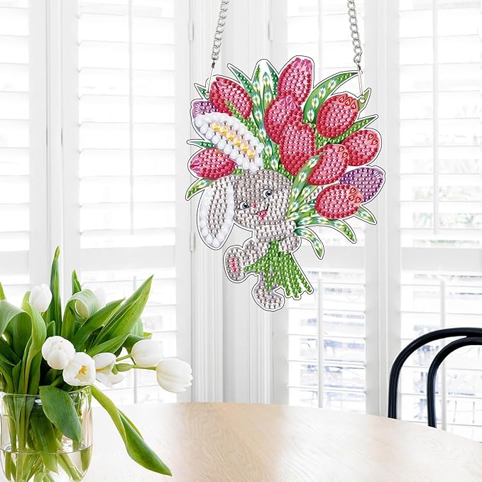 Tontut Easter Diamond Painting Wall Hanging, Bunny Flower Special Shape Diamond Painting Kits, Acrylic Crafted Diamond Art for Home Wall Garden Decoration