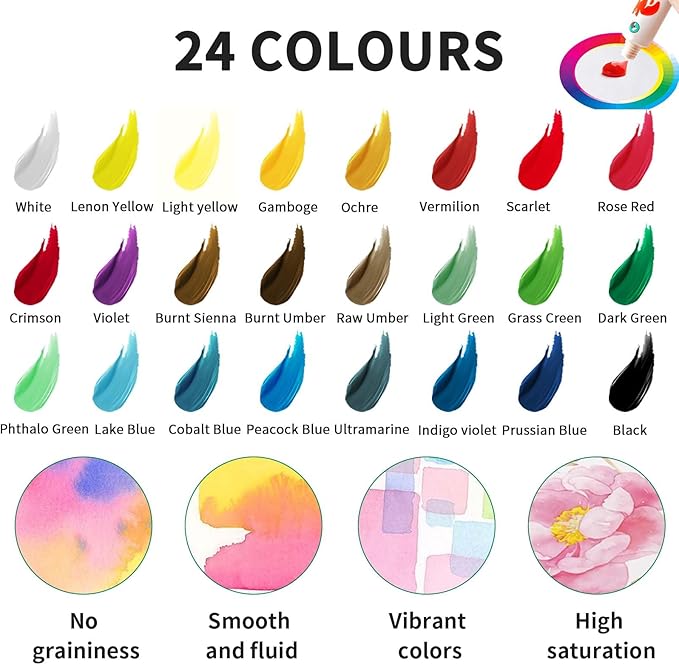 Mini Watercolor Paint Set - 3.7IN Mini Travel Watercolor Palette Set, Pocket Water Color Paint Palette Kit with 24 Colours, Sketchbook, Pens, Wooden Paints Box for Painters Artists