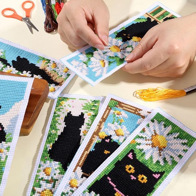 ORIGACH 6 Pcs Cross Stitch Bookmark Kit for Beginner Adults with Backing Felt Floss Instruction, Cat and Daisy Stamped Embroidery Bookmark Kit for Starters Book Lovers