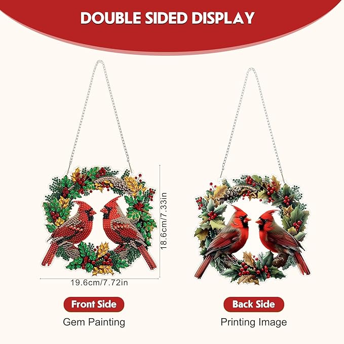 Hanging Diamond Art Kit for Adult, Cute Christmas Red Cardinals, 5D Special Shaped Rhinestone Diamond Painting Ornament, Cardinals, DIY Acrylic Diamond Art Painting Window Pendants Home Garden Decor