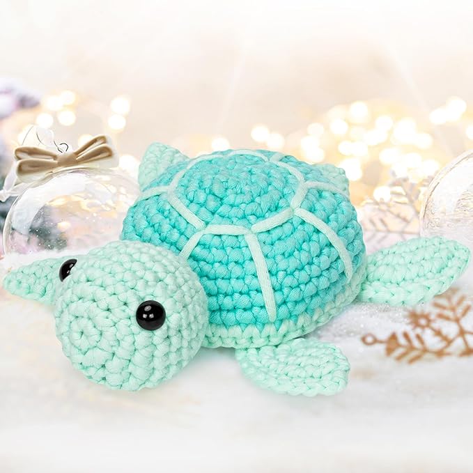 Mewaii Crochet Kit for Beginners Level 1 with 40% Extra Eco-Friendly Pre-Started Easy Yarn, Step-by-Step Video Tutorials for Adults and Kids (Blue Sea Turtle)