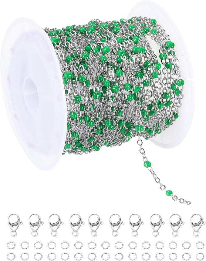 MECCANIXITY Stainless Steel Bead Chain, 16.4 Feet/5M Enamel Beaded Jewelry Link Cable Chains Spool Kit for Jewelry Making, Necklace, Bracelets, DIY Crafts (Silver/Green, Pack of 1)