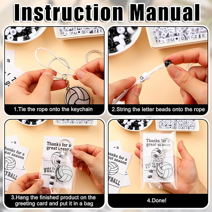 Suncalla 984 Pcs 24 Set Volleyball Keychain Making Kit DIY Volleyball Bag Tag Sport Key Chain Crafts Adjustable Letter Beads Cards Strings Kit Team Gift Backpack Accessories Party Favors(White Black)
