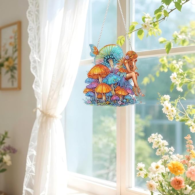 Lxmsja DIY Fairy Diamond Painting Hanging Ornament, Double-Sided Acrylic Colorful Mushrooms Diamond Art Kit, Special Shaped Suncatcher Hanging Pendant Window Art Kit 8x8 inch