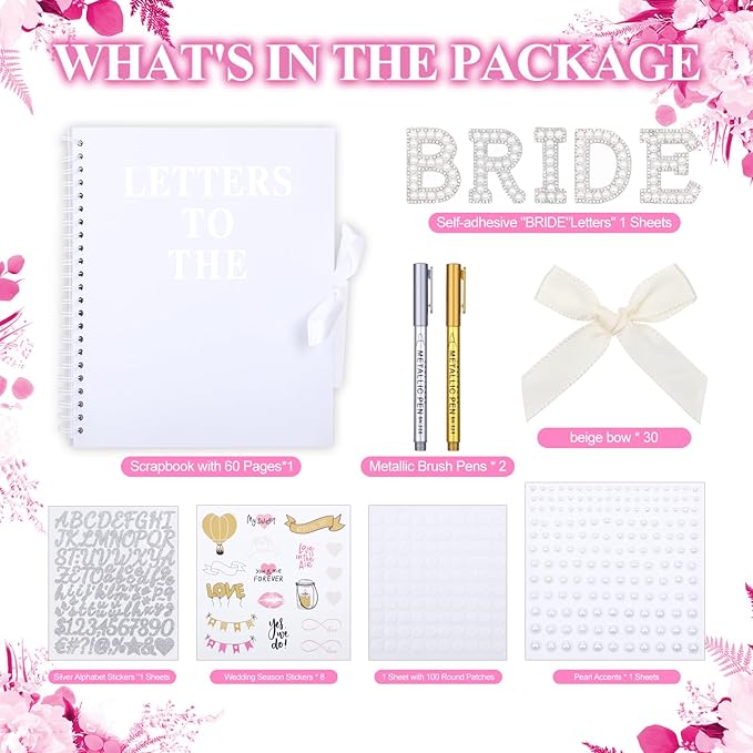 Wukfuiui Letters to The Bride Scrapbook 12 x 12 Inch Wedding Photo Album Kit DIY Guest Book for Bride with Metallic Pens Pearl Stickers Memory Book with Thick Paper for Letters Bridal Shower Gifts
