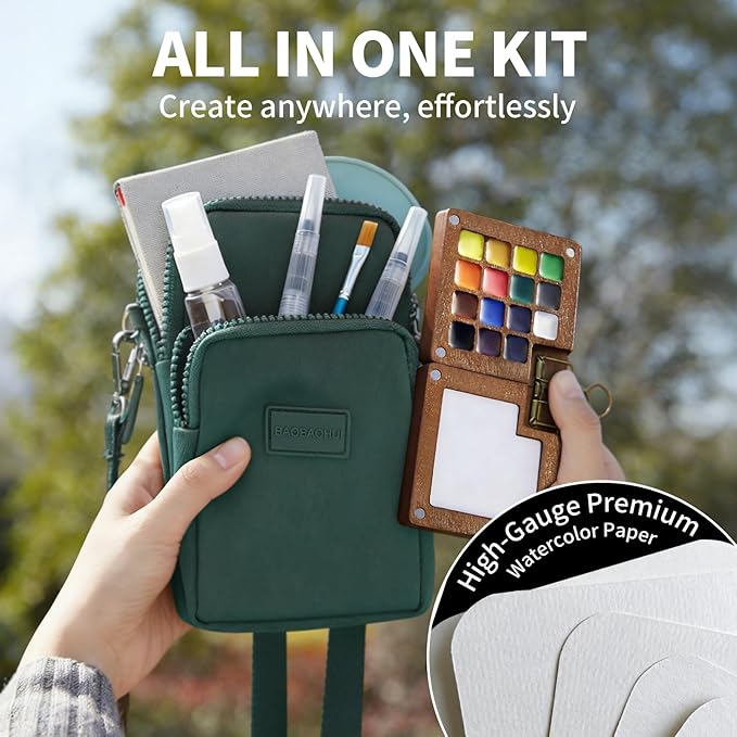 Mini Watercolor Paint Set, All-in-One 15-Color Walnut Wood Travel Kit with Crossbody Bag, Watercolor Journal, Metal Clip, Water Cup, Water Brush, Portable Pocket Art Set for Adult Art Lovers (Green)