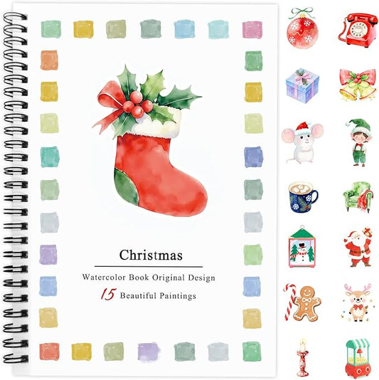SLWBZ Watercolor Workbooks Coloring Book, Beginner Friendly Painting Kit, Easy Exquisite with Detailed Steps, Creative Exploration Watercolor Book for Adults Teens (Christmas Stockings, Without paint)
