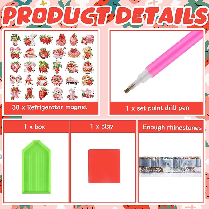 30 Pcs Strawberry Diamond Art Painting Magnets Kits Shortcake Magnetic Fridge Diamond Art Painting Kits Summer Cute Fridge Sticker Magnet 5D DIY Craft for Adult Beginner Gifts Toy Home Office Decor