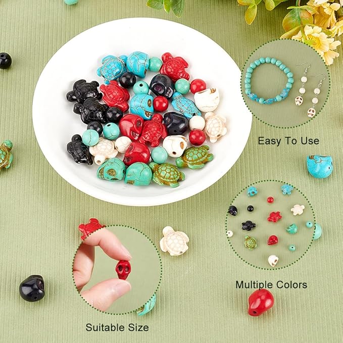 arricraft 190 Pcs Skull Gemstone Beads Kits, Including 50 Pcs Tortoise Beads 100 Pcs Round Beads Synthetic Turquoise Beads for Halloween DIY Bracelet Necklaces Jewelry Makings