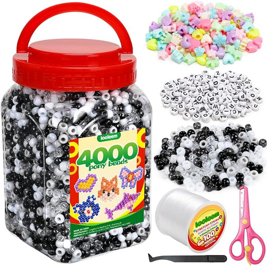 iooleem black white solid & glitter bulk pony beads - 4000pc kit for friendship bracelets & jewelry making, easy storage