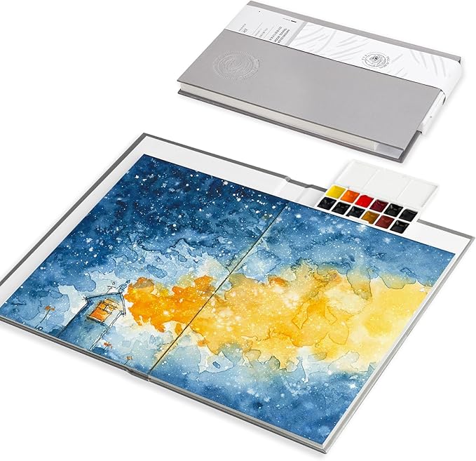 Paul Rubens Travel Watercolor Sketchbook, 24 Sheet 140lb/300gsm 100% Cotton Acid-Free Hot Press Watercolor Journal with Glitter Effect (7.67"x5.31"), with 12-Color Travel-Size Artist Grade Water color