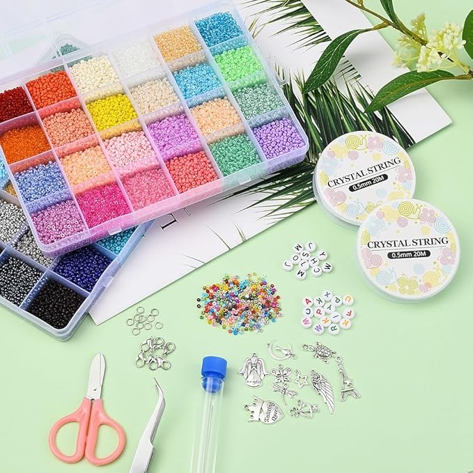 38660 Pcs 2mm Glass Seed Beads Jewelry Making Kit, 2 Boxes 48 Colors Small Bead Friendship Bracelet Set with Pendants, Letter Beads & Elastic Cord, Gift for Craft Enthusiasts