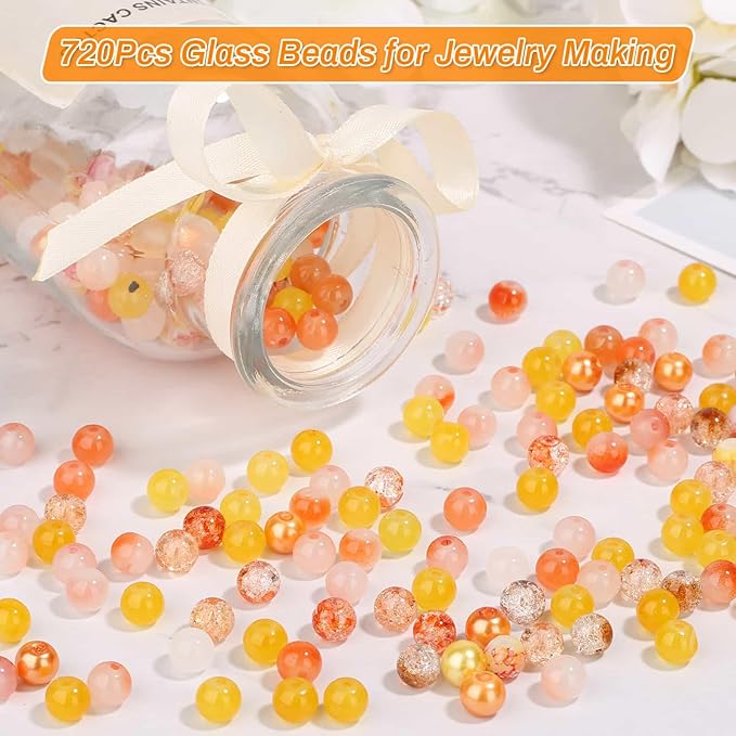PAXCOO 720pcs 8mm Glass Beads for Jewelry - 24 Color Loose Beads for Bracelets, Earrings, Necklaces - Jewelry Making Supplies, Orange and Yellow