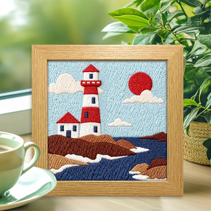 INFUNLY 2PCS Sea Lighthouse Punch Needle Embroidery Kit for Beginners Beacon DIY Punch Needle Starter Kit Lighthouse Handcraft Hooking Set with Pattern Instruction for Festival Gift Home Decor