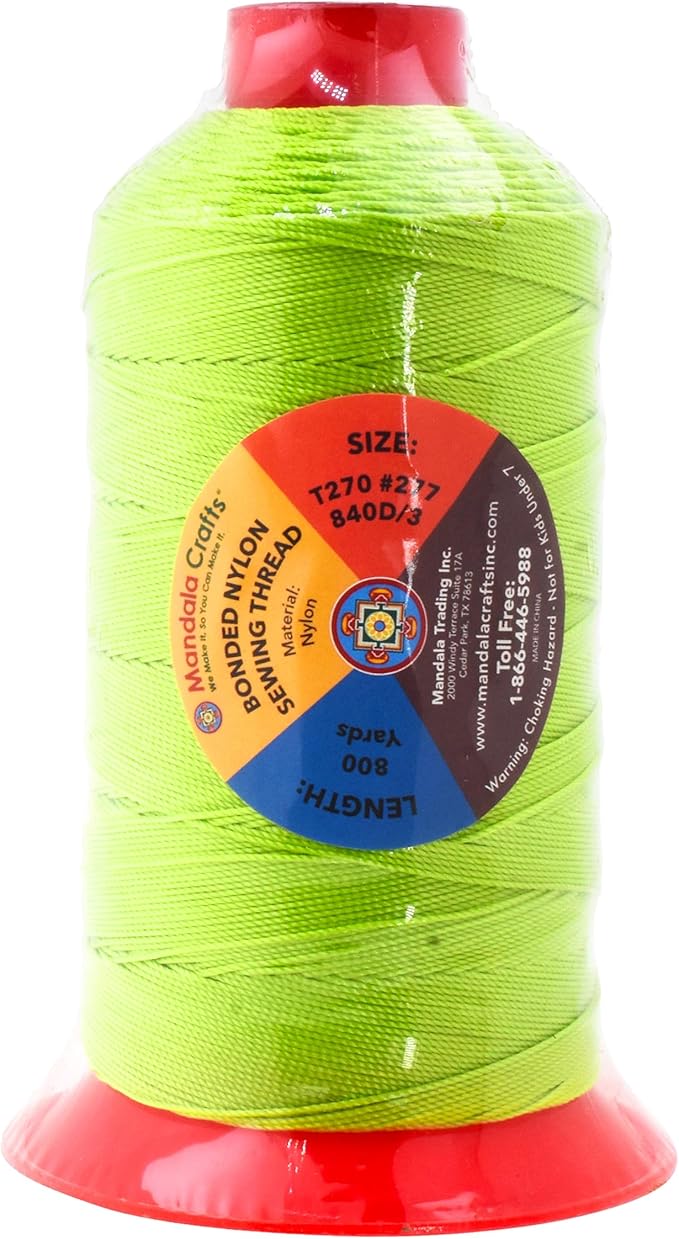 Mandala Crafts Size 277 840D T270 Bonded Nylon Thread - Lime Green 800 YDs Tex 270 Heavy Duty Sewing Threads for Leather, Jeans, Weaving, Outdoor Marine Upholstery