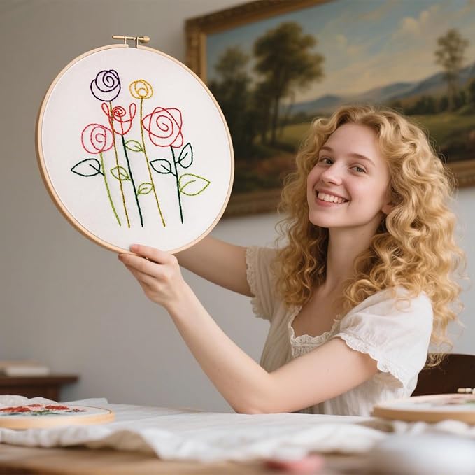 Easy Flower Embroidery Kits for Beginners Adults, Minimalism Embroidery Starter Kits, Counted Cross Stitch Kits for Beginners Adults Hobbies Set for Women, Embroidery Hoops, Thread and Video Tutorial